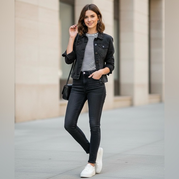 CAbi Jeans Jackets & Blazers - CAbi Jeans Jacket Womens XS Gray Denim Beaded Embellished Zip Cuff